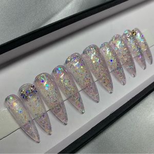 Long Acrylic Glitter Nails with Crystal Bows